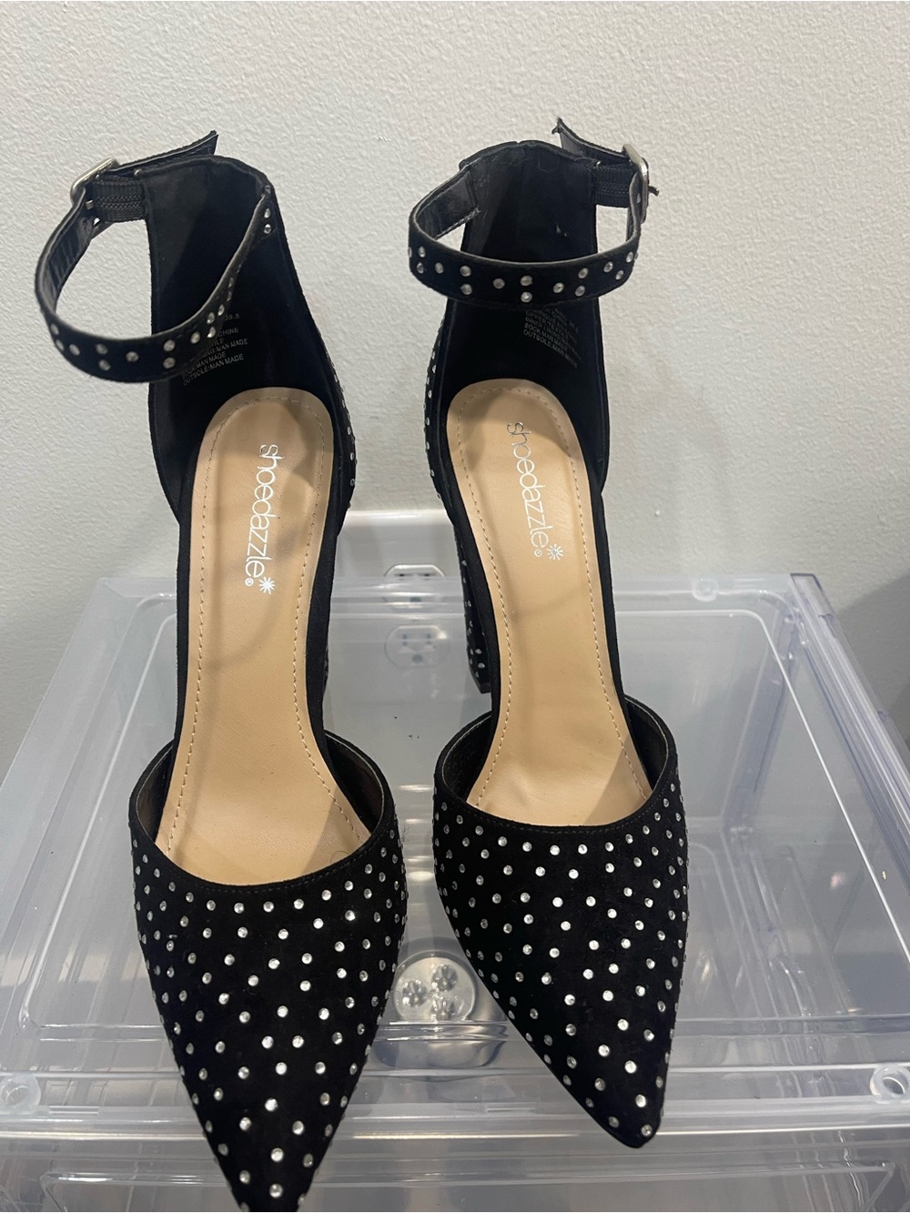 Shoe Dazzle Black Pointed Ankle-Strap Heels with Silver Stud Accents